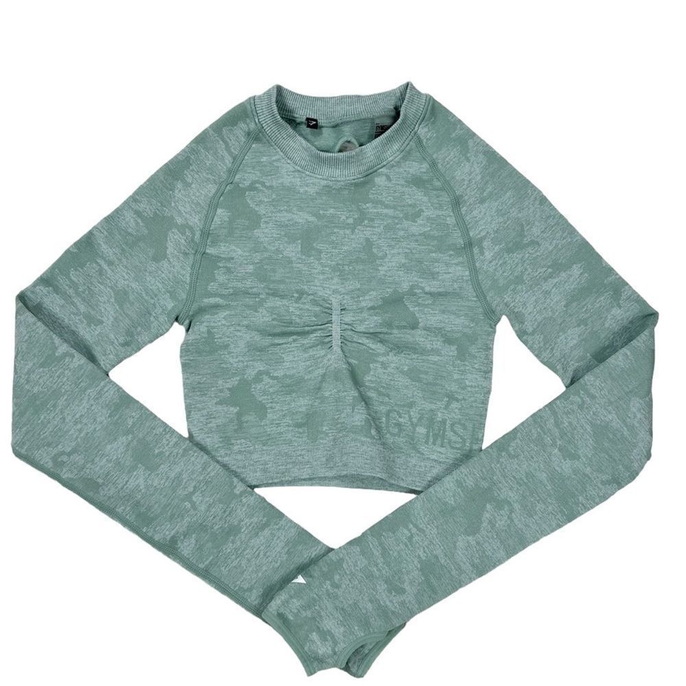 Gymshark Adapt Light Green Camo Seamless Long‎ Sleeve Crop Top Compression XS